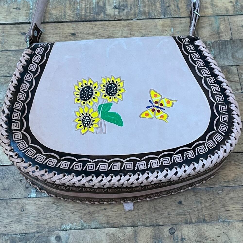 Mexican Hand-Tooled Leather Crossbody Bag Butterfly & Floral Design - Picture 13 of 14